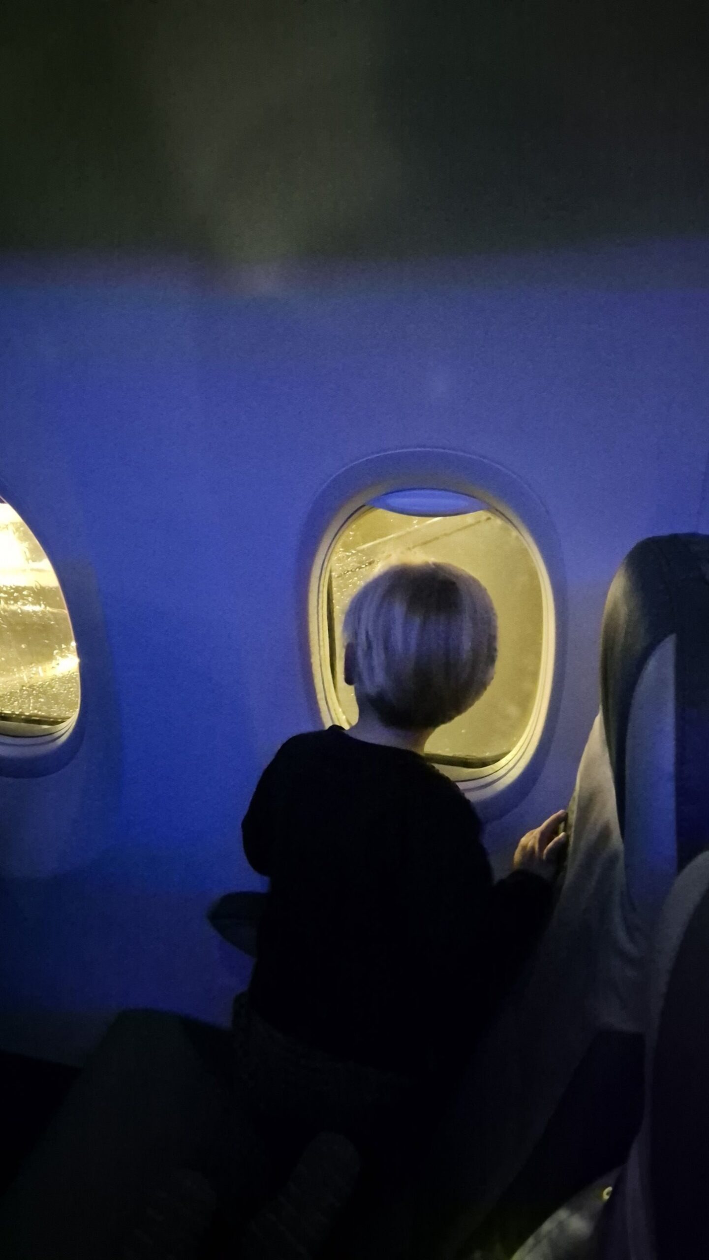 Finn schaut im Flugzeug aus dem Fenster