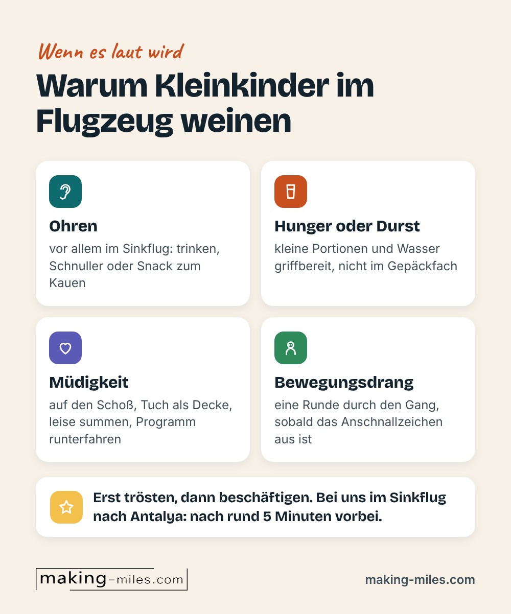 Infografik: Vier Gründe, warum Kleinkinder im Flugzeug weinen, Ohren, Hunger oder Durst, Müdigkeit und Bewegungsdrang, jeweils mit einer Idee, was hilft