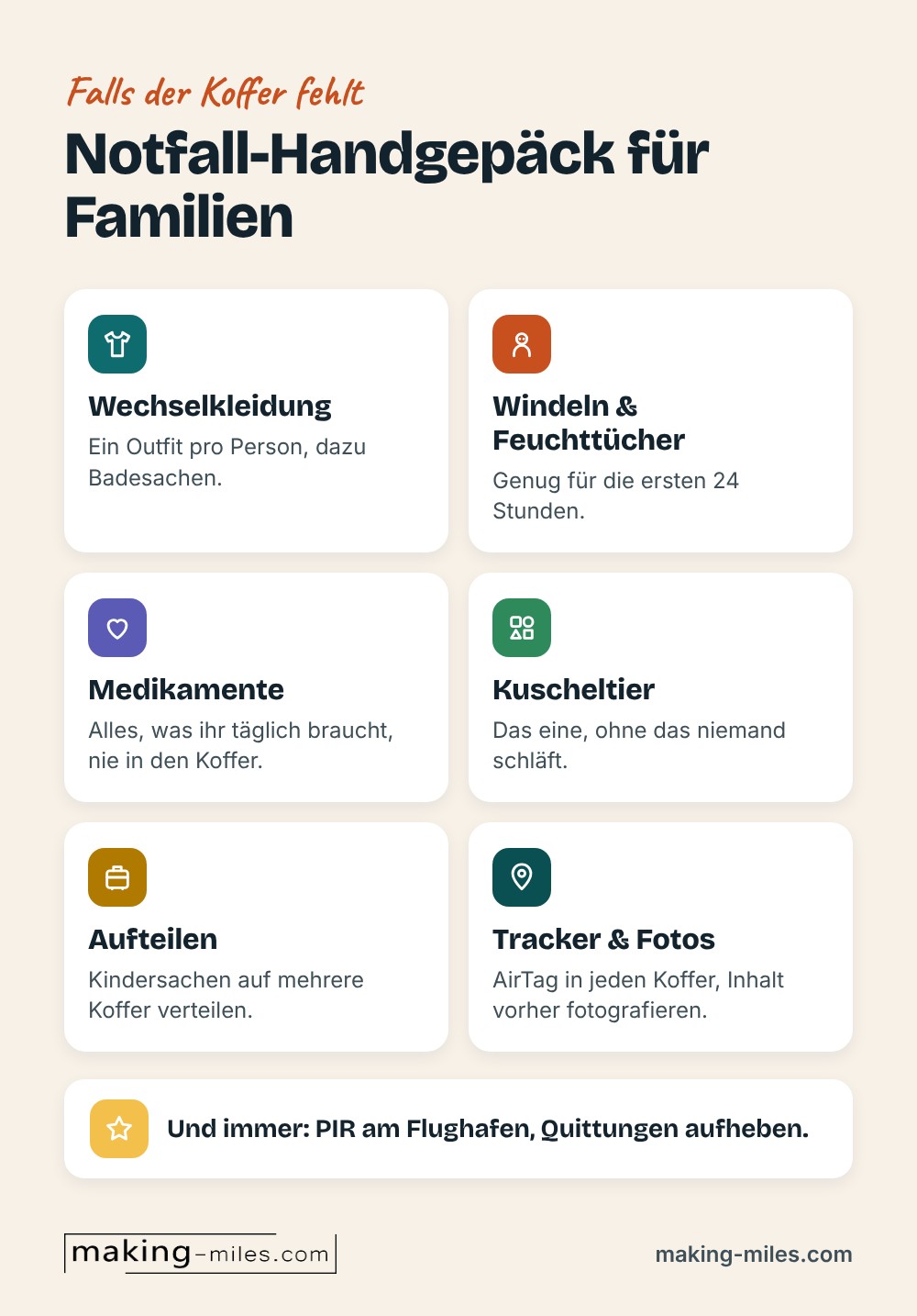 Infografik Notfall-Handgepäck für Familien: Wechselkleidung, Windeln und Feuchttücher, Medikamente, Kuscheltier, Kindersachen auf mehrere Koffer aufteilen, Tracker und Fotos vom Kofferinhalt